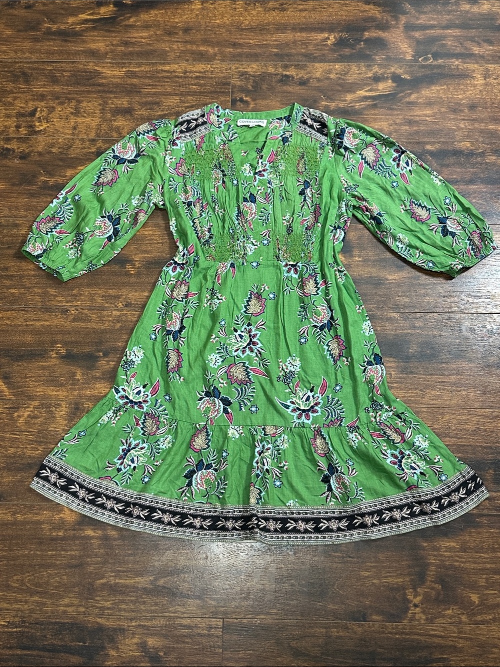 🌸 Boho Green Floral Smocked Dress Cover Looks M Pink Accents ✨